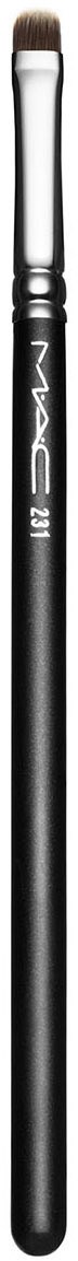 A makeup brush with a white handle and black bristles, labeled MAC. It is used for applying makeup.