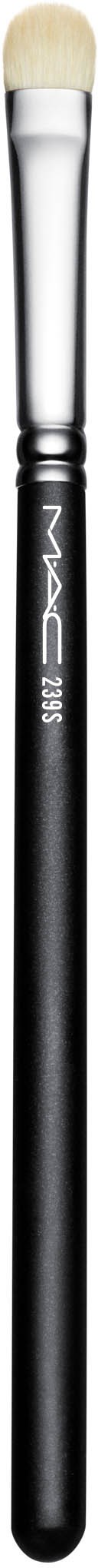 A makeup brush with black handle, white tip, and silver accents. The word 'MAC' is written on the handle.
