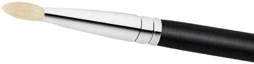 A paintbrush with a black handle and white bristles.