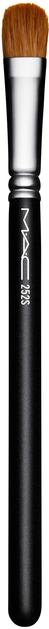 A makeup brush with a black handle, silver band, and brown bristles.