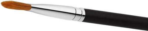 A paintbrush with brown bristles, silver metal part, and black handle.