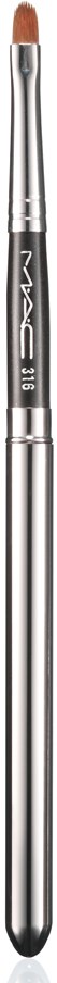 A makeup brush with a silver handle and brown bristles.