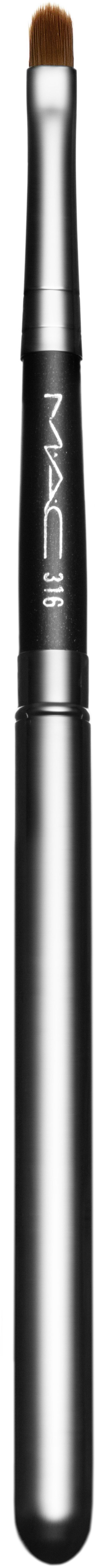 A slim makeup brush with a black and silver handle, blending bristles at the top.