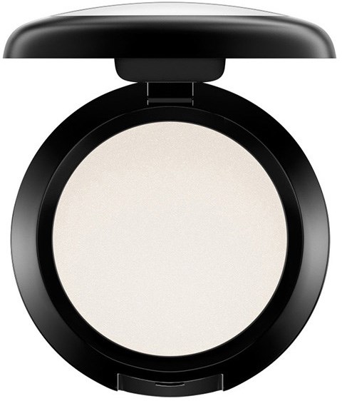 A makeup compact with a black case and a white powder inside. The lid is open revealing the powder.