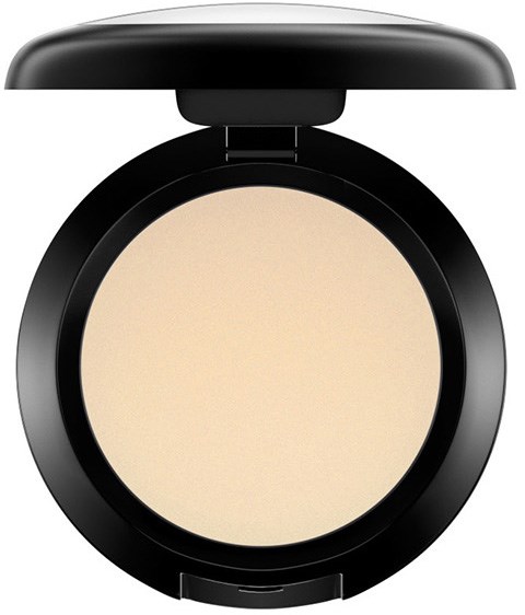 A beige pressed powder in a black round compact with a lid. Commonly used for makeup or face touch-ups.