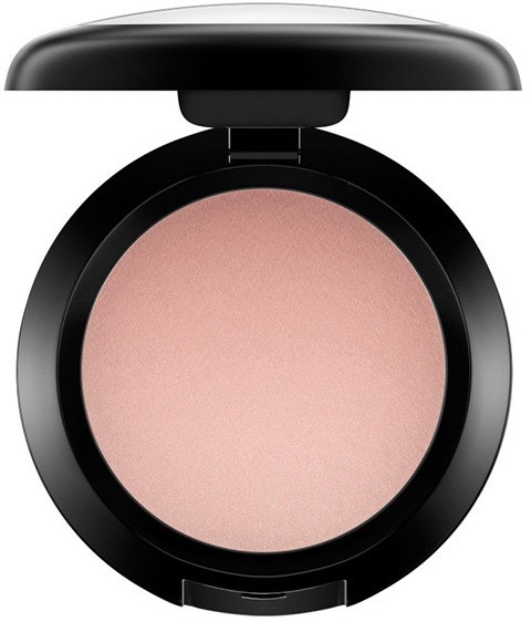 A pinkish powder makeup compact with a black lid, open to show blush inside.
