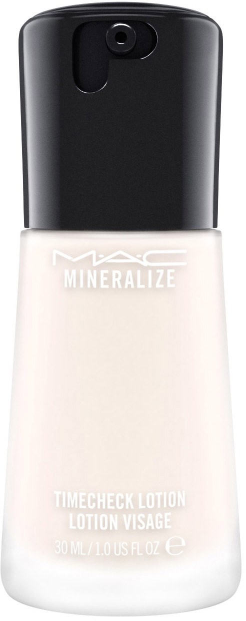 Eine weiße Flasche mit schwarzem Deckel, gekennzeichnet MAC Mineralize, enthält Gesichtscreme.