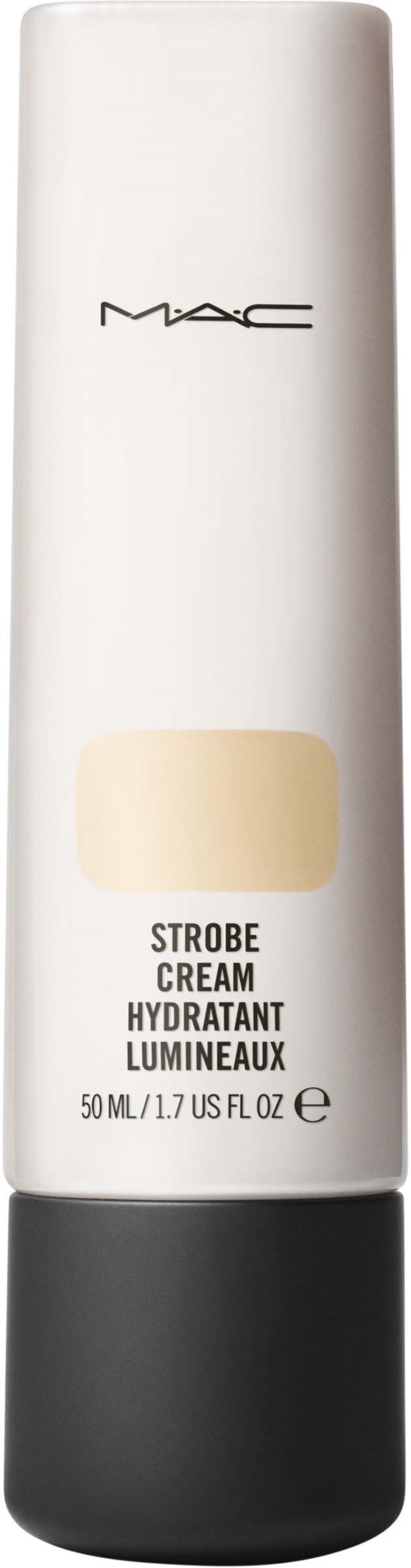 A white tube with a black cap, labeled MAC Strobe Cream, 50 ml, hydrating and illuminating.