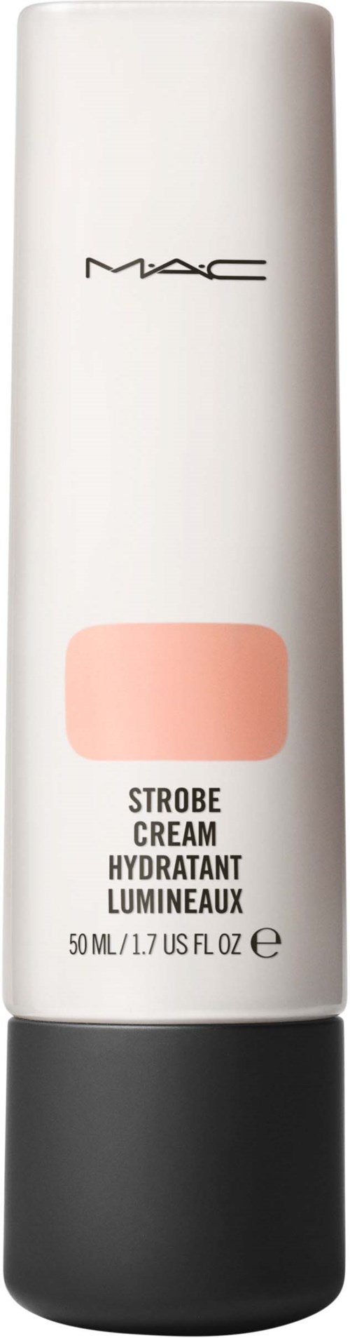 Biały tubek z czarnym spodem; logo MAC na górze, brzoskwiniowe miejsce i tekst o strobe cream.