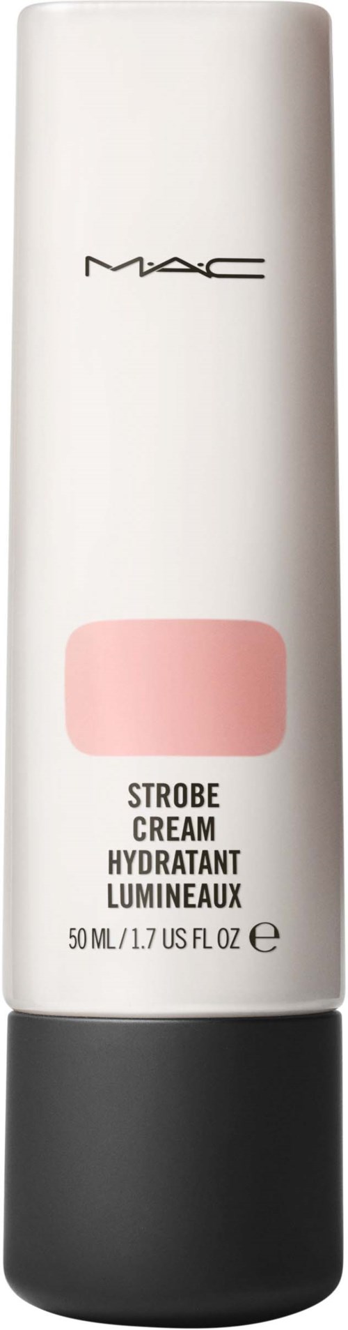 A white tube with a black cap and a pink label labeled "Strobe Cream" from MAC.
