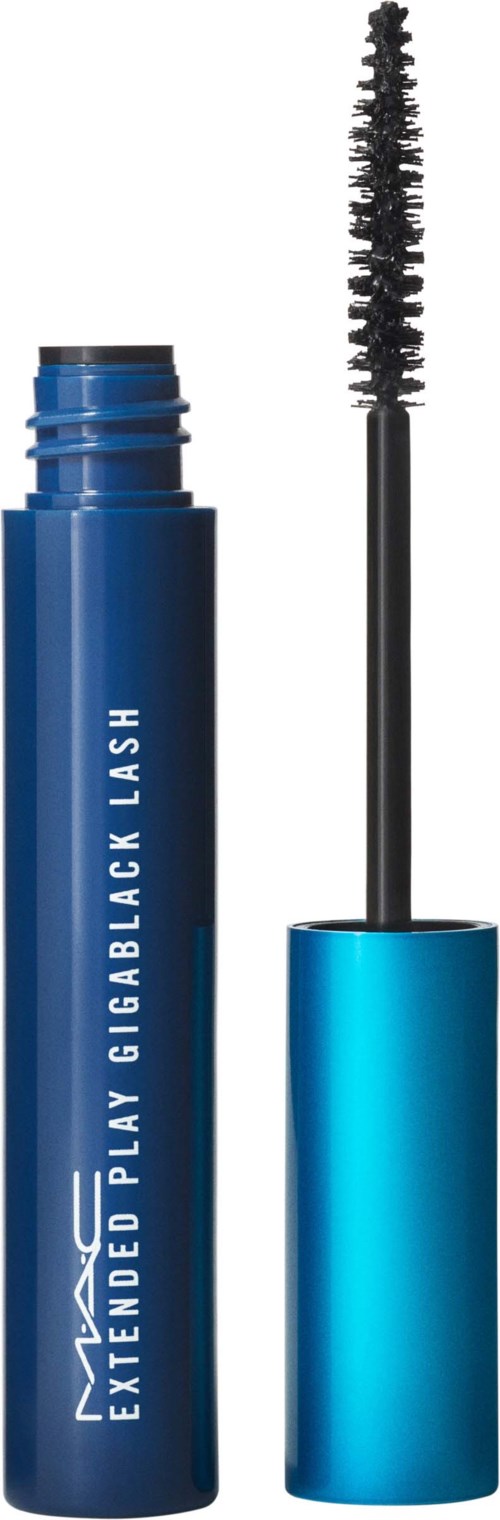 Blue eyelash mascara tube with an open cap and a brush with black lashes.
