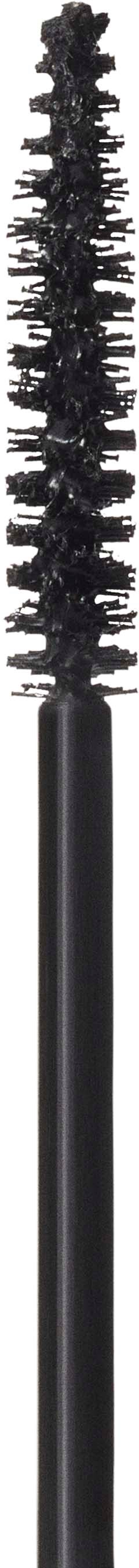 Long black mascara wand with bristles, used for eyelashes.