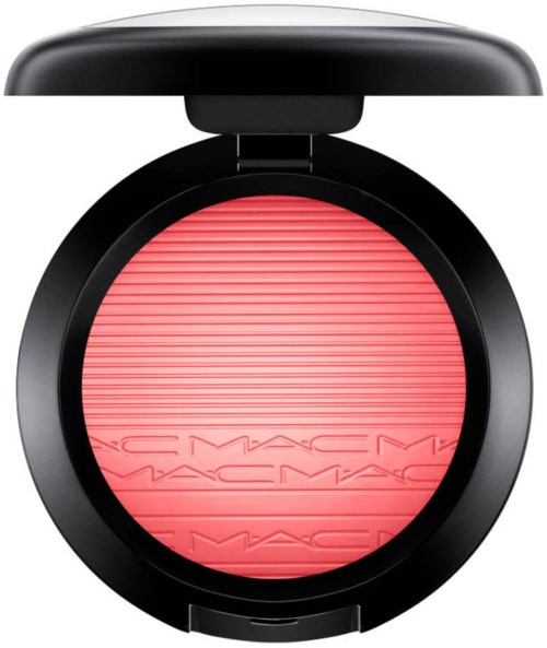 A round blush compact with a black lid, featuring pink blush with a textured pattern and 'MAC' branding.