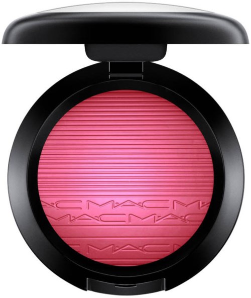 A round makeup blush compact with a black case and pink blush inside.