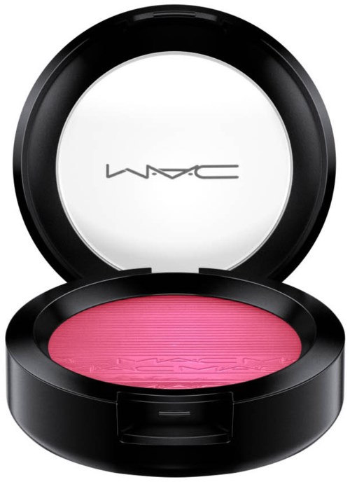 A pink blush in a black round compact with a mirror inside the lid.