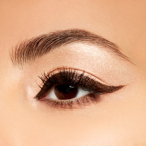 Nahaufnahme eines weiblichen Auges mit Make-up, einschließlich Eyeliner, Mascara und gepflegter Augenbraue.