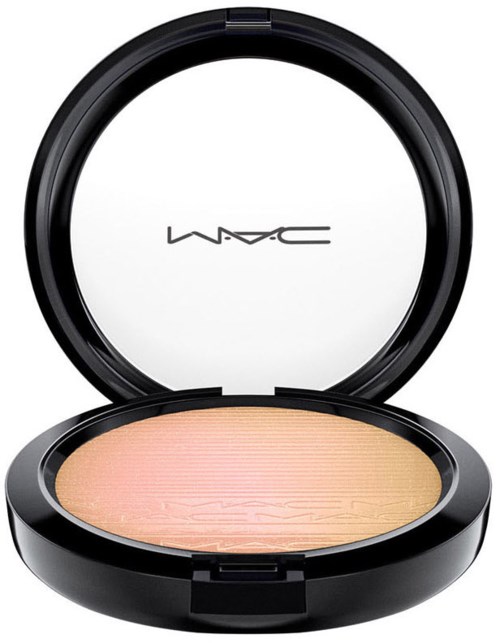 MAC makeup compact with beige powder and a black round case, open to show the product inside.