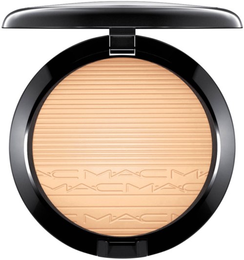 A MAC Cosmetics compact with beige powder inside, black case, and silver hinge on top.