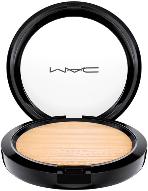 A MAC cosmetic compact with powder inside and an open lid with the MAC logo inside.