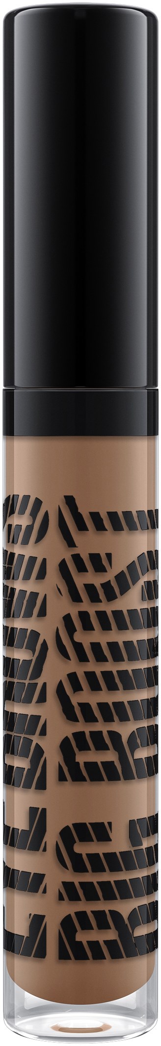 A tube of liquid foundation with a black cap and a geometric pattern on the beige container.