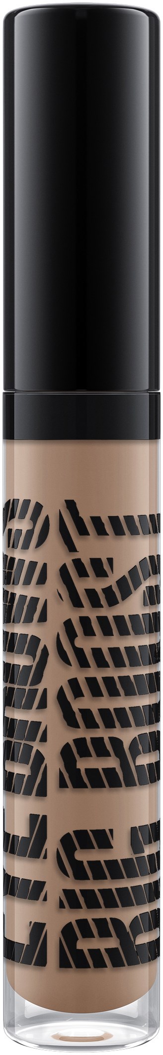 A concealer tube with a black cap and a clear body showing beige product and black lettering.