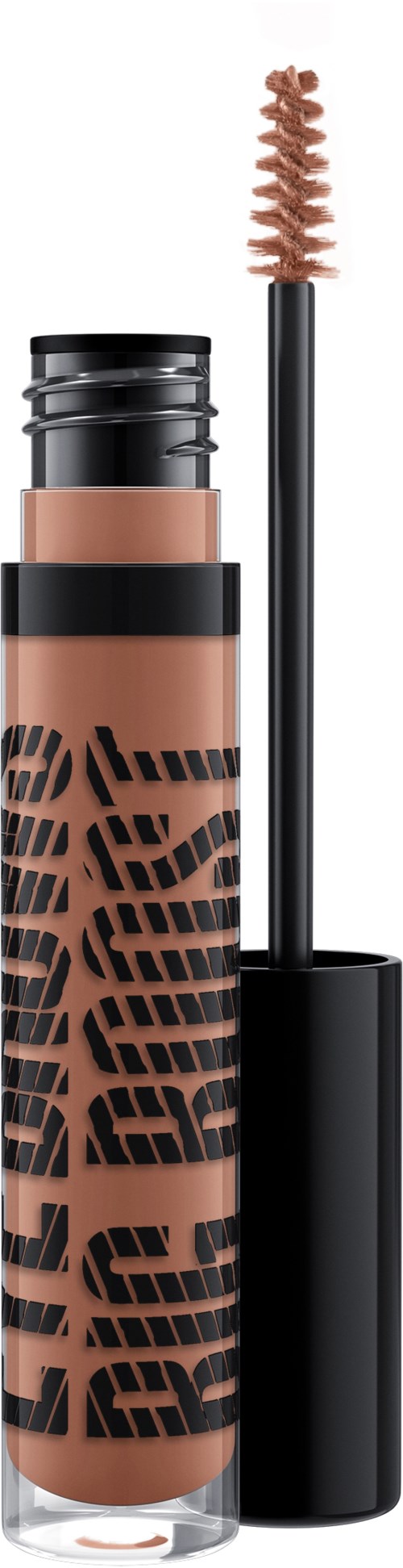 En tub med flytande concealer med borstavtryck och svart lock. Tuben har svart text och ett stamgermönster.