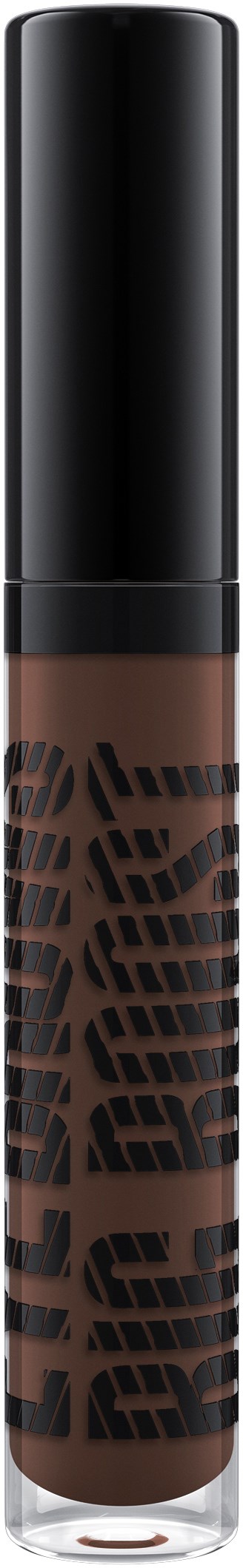 A tube lipstick in black packaging with a clear bottom showing brownish lipstick inside.