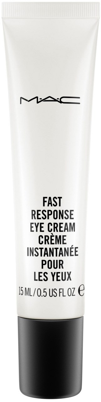 A white and black tube of MAC eye cream with text describing its purpose and size.