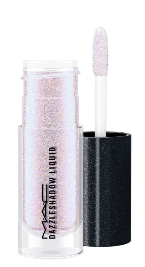 En läppglansrör med glittrig gloss och en svart kork med applikatorstav.