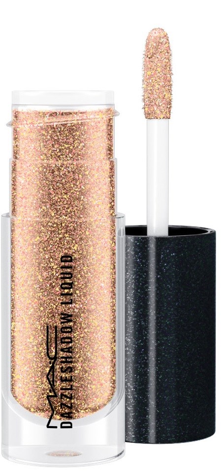En glitterig, gyllene läppglansrör med applicatorspett, märkt 'Dazzle Shadow Lord', mot en vit bakgrund.