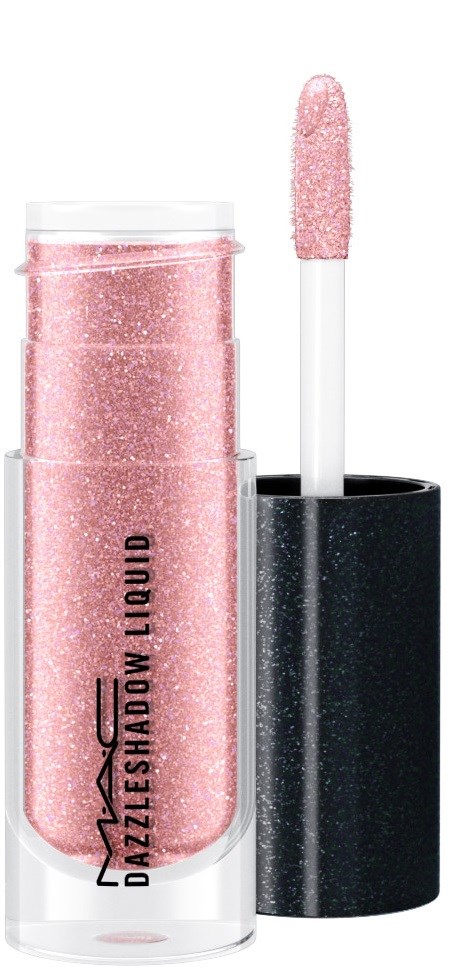 Ett rosa, glittert flytande läppstift med svart lock och applicatorpensel.