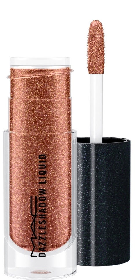 En glittrig rosa läppglans i en genomskinlig tub med svart lock och applicator.