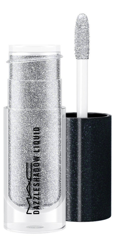 Ett klart rör med glitterögonskugga och svart lock, visar märket MAC i svarta bokstäver.