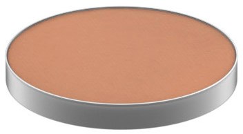 A round, flat object with a tan, smooth surface and a silver edge.