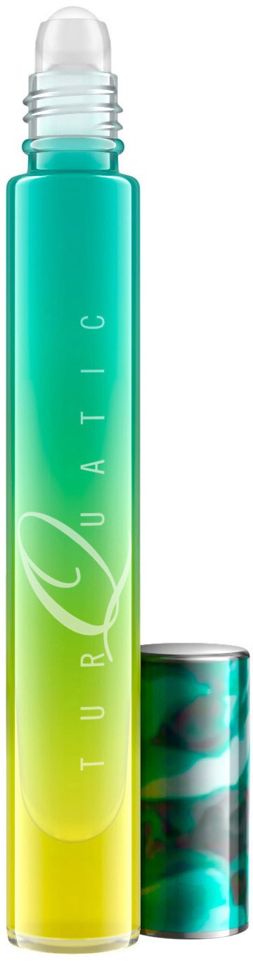 A colorful tube with a cap, labeled 'TURQUATIC,' with a gradient of blue, green, and yellow, and a marbled cap.
