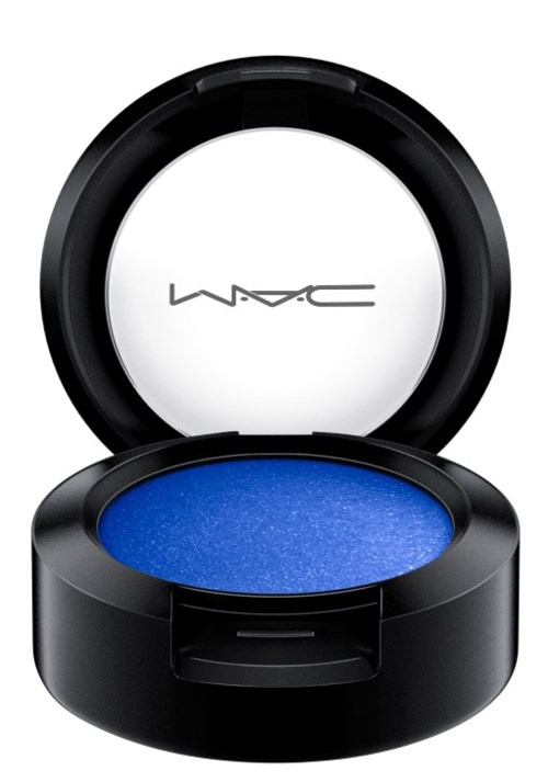 Blue eyeshadow in a round black container with a lift-up lid displaying the MAC logo.
