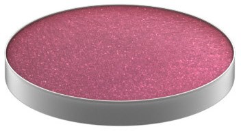 A round, pink glittery surface inside a silver case, looks shiny and decorative.