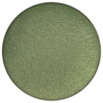 A round eyeshadow pan filled with shimmery green makeup.