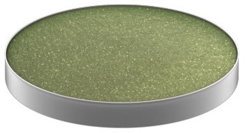 A round object with a silver border and a green, glittery surface inside.