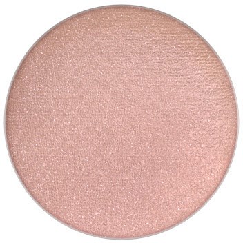 A round makeup product with a light pink, shimmery, smooth surface that looks like a pressed eyeshadow or highlighter.
