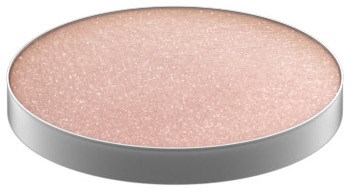 A round, pinkish makeup compact with a shimmery surface inside.