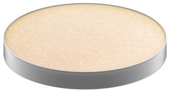 A round, flat, beige object with a silver edge.