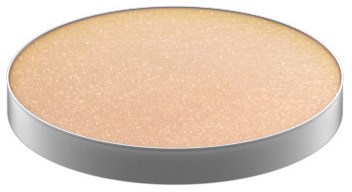 A round, flat makeup powder or eyeshadow with a beige color.