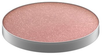 A round makeup blush compact filled with pink, glittery powder. Silver case surrounds it. No text or design visible.