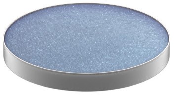 The image shows a round, flat object with a glittery blue surface inside a silver frame.