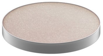 A round, flat object with a beige, sparkly surface and a silver border.