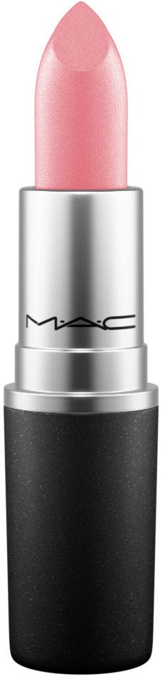 Een roze lipstick in een zilveren en zwarte huls. De lipstick is licht gevormd bovenaan.