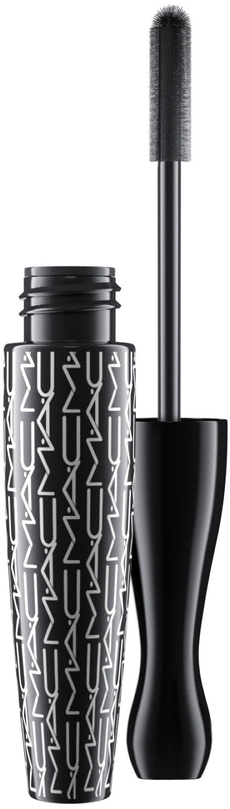 A black mascara tube with a silver pattern and an open wand with a brush for applying mascara.