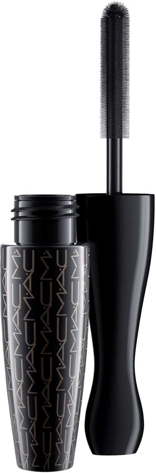 En svart mascara-rol med en böjd borste, och locket är avlägsnat, visar applikatorborsten.