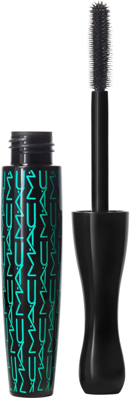 A black mascara tube with bright blue, wavy writing and a wand with a round brush.